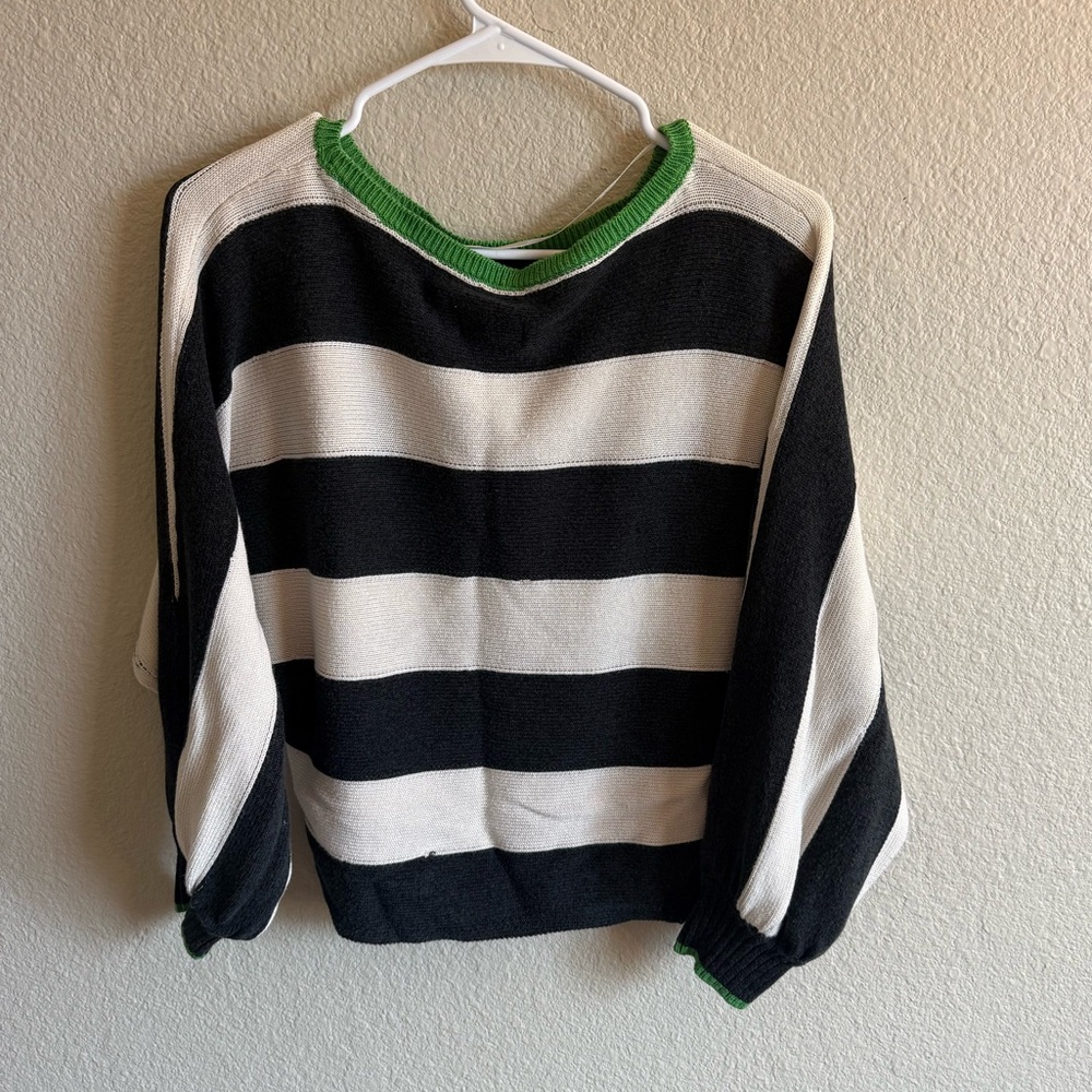 Maeve Anthropologie Slouchy Boatneck Black & White Striped Sweater Green Touch - Picture 5 of 10